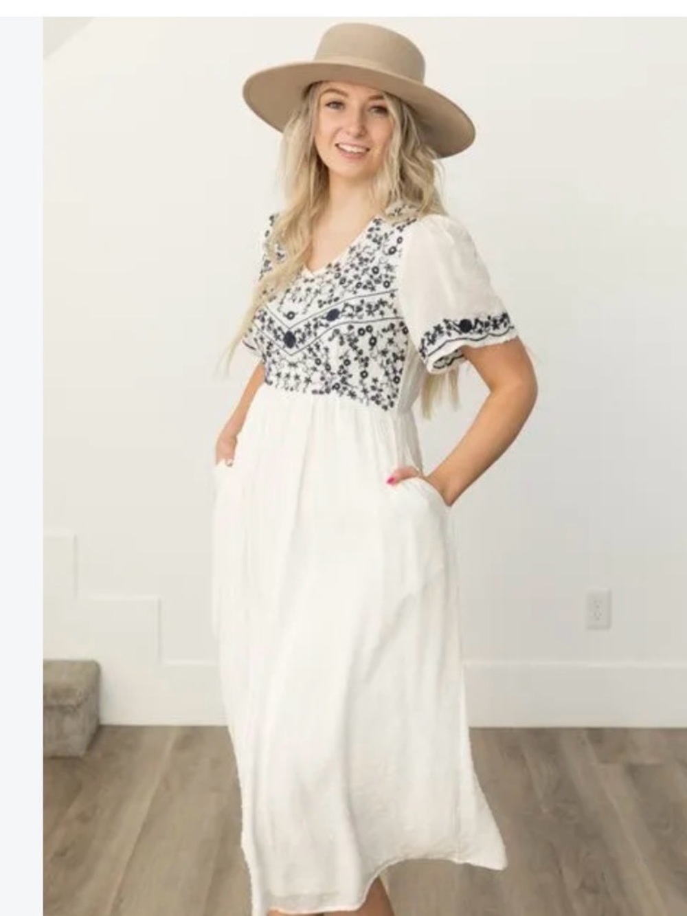 Cream Midi Dress with Black Floral Embroidery